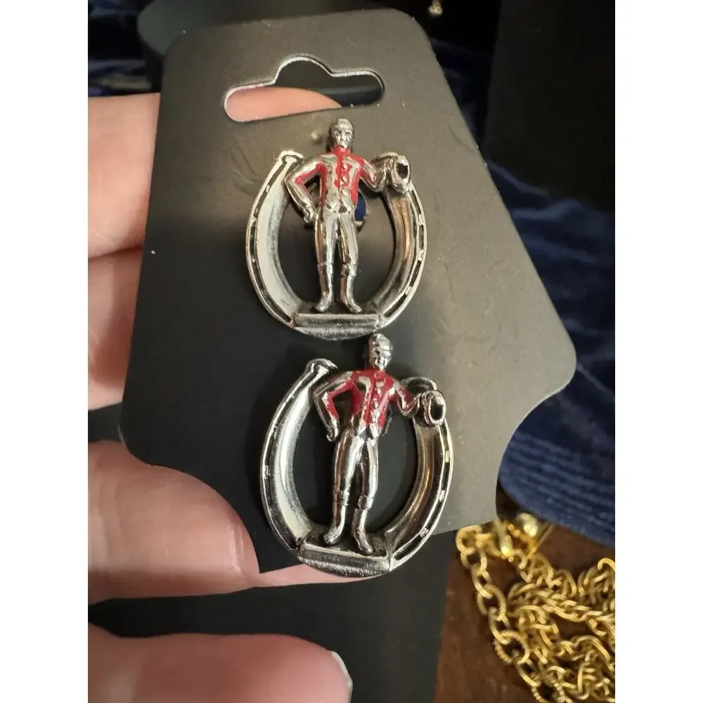 Vintage SWANK Jockey Horseshoe Cufflinks Horse Racing Equestrian Red Enamel